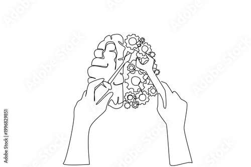Single line drawing of human brain health concept features hands with tools for medical journals. Sketch shows person repairing gears with brain shape inside mind for mental wellness and therapy ads