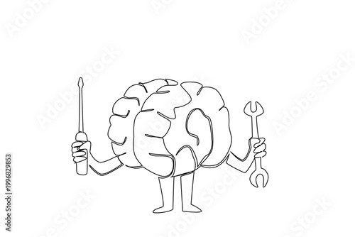 Continuous line drawing of mind health concept shows human brain character holding tools for child medical posters. Mascot helps kids learn about mental maintenance and cognitive skills development
