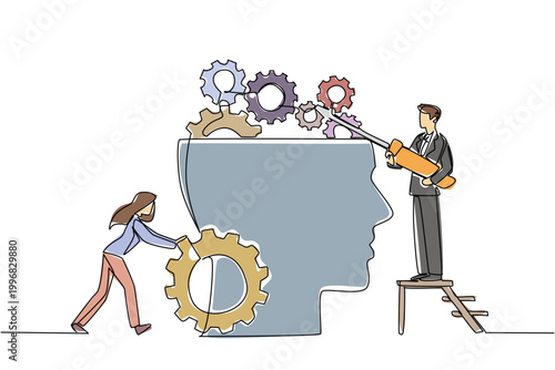 Continuous line draw of colorful professional business team repairing gear mechanisms inside big head with gear. Psychological concept for health insurance brochure or professional business proposal