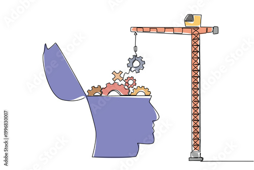Single line drawing of colorful construction crane lifting cogwheel gear pieces to put into open human head. Business industry concept perfect for engineering firm branding or work maintenance poster
