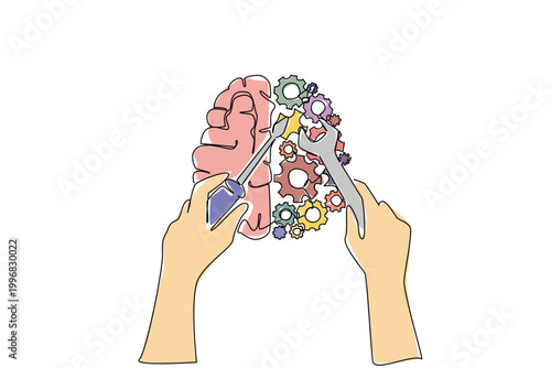 Continuous line draw of human brain health concept displays colorful half gears and brain repaired by hands for hospital brochures. Art shows person fixing mind to promote psychological recovery care