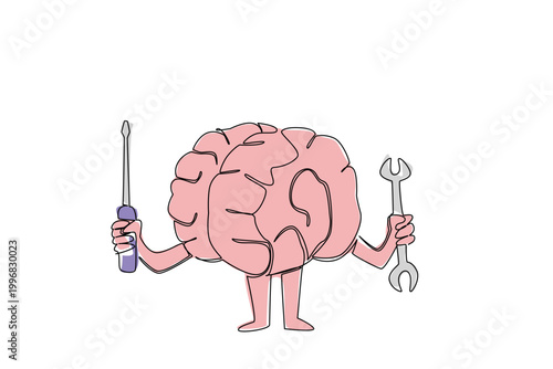 One line drawing of health concept show pink brain character holding wrench and screwdriver for mental health awareness campaign. Friendly mascot illustrates brain power and mind for kids books