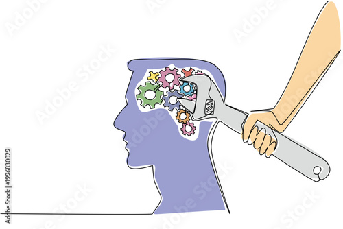 Continuous line drawing of colorful hand holding wrench to fix cogwheel gears inside big human head. Mental health concept is perfect for medical insurance knowledge or psychological therapy brochure