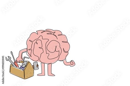 Single line drawing of colored science concept show pink brain mascot holding full toolbox for psychological clinic decor. Design represents cognitive tools and mental health support for all patients