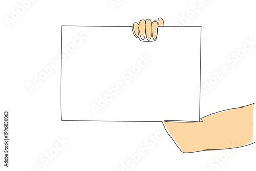 One line drawing of muscular hand displaying blank sign card, representing an guest identification concept. Ideal for ID badge template, access pass, security notice, and staff introduction visual