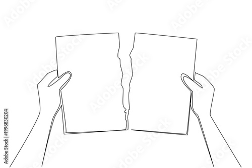 Single line draw of hands tearing sheet of blank paper, representing agreement cancellation concept. Great for breakup quote, contract termination visual, debt free goal, and anger management article