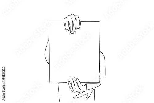 Continuous line drawing of hands holding paper board top and bottom, showing political voting concept. Ideal for scorecards, judging panels, result reveals, contest feedback, and reality show props
