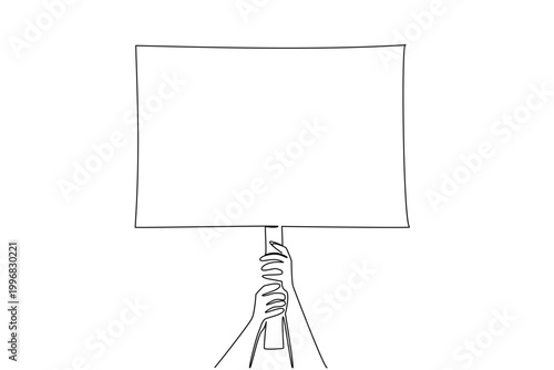 One line drawing of hands raising blank signboard on stick, symbolizing an auction board concept. Great for bidding paddles, voting signs, traffic control visuals, and event direction guide posters