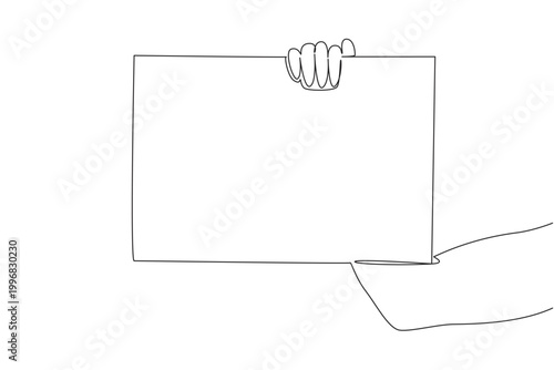 Single line drawing of muscular hand holding rectangular paper card, featuring hospitality welcoming concept. Perfect for name tags, waiter signs, welcome boards, table numbers, and greeting messages