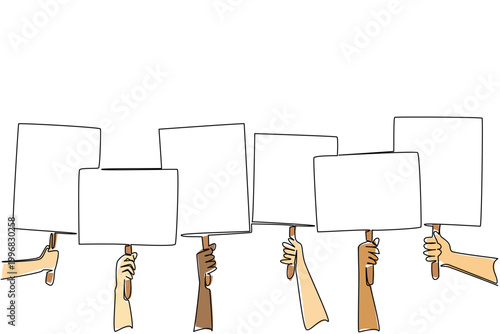 One line drawing of social concept show diverse human hands raising blank protest signs for blog headers. Artwork represents multicultural movement and public awareness to care about current issues