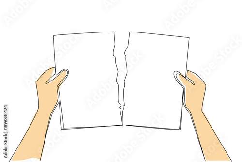 Continuous line drawing of hands ripping document paper, symbolizing business restart concept. Suitable for bad habit breaking guide, fresh start post, protest flyer, confidential data shredding ad