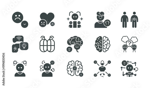 Set of icons depicting human emotions, mental health, and psychological states with a focus on communication.