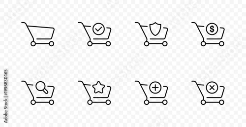 Ecommerce cart set icon. Shopping basket, approved order, secure purchase, payment cost, product search, favorite item, add product, remove item