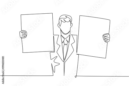 Continuous line draw of young attractive businessman in suit holding two blank board, depicting choice concept. Ideal for comparison chart, pros and cons list, voting option, or decision making visual