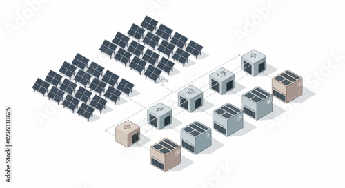Isometric illustration of various colored shipping containers arranged in rows.