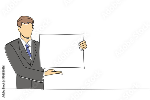 Single line drawing of handsome businessman holding blank large card in welcoming pose, showing hospitality concept. Great for hotel greeting, staff onboarding, customer service ads, and help tips