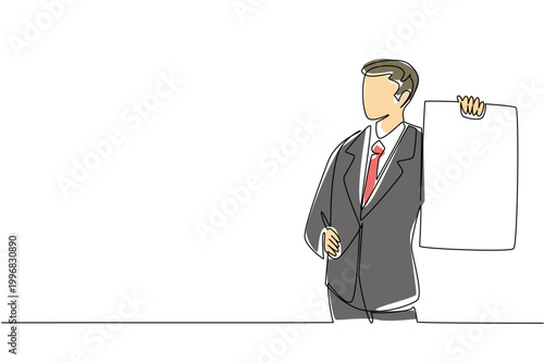 Continuous line drawing of young businessman in suit displaying large side board, featuring business demo concept. Perfect for product showcase, workshop rule, seminar topic, and lecturer visual aid