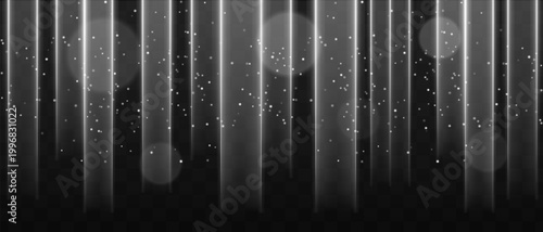 White vertical light curtain on transparent grid composition. Multiple glowing columns, scattered light dots, soft circular bokeh, subtle gradient fade, luminous illumination effect.