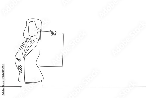 Single line drawing of businesswoman presenting blank vertical board for an exhibition concept. Vector for promotional event banners, trade show standing displays, and conference flyer backgrounds