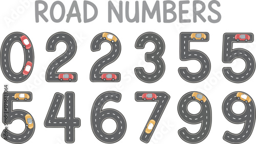 Road Numbers 0 to 9 Learning Illustration with Toy Cars Educational Kids Counting Design
