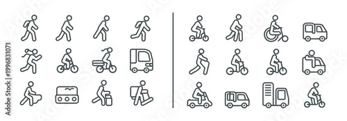 Set of modern line icons depicting people in various daily activities and urban transport