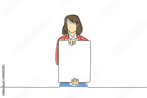 Single line drawing of businesswoman holding blank text board for notification concept. Art work for newsletter signup form, important announcement graphic, and employee internal communication layout