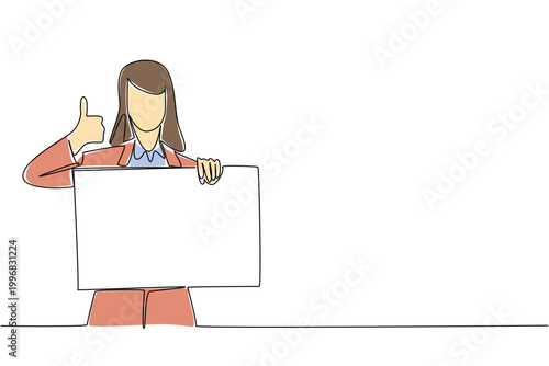Continuous line drawing of businesswoman showing thumbs up with a board for recommendation concept. Neat vector suits product endorsement posts, best seller tags, and quality assurance banners