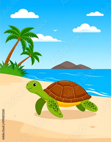 Cartoon depiction of a sea turtle on a sandy beach. Palms sway in the gentle breeze. Calm water and a distant island