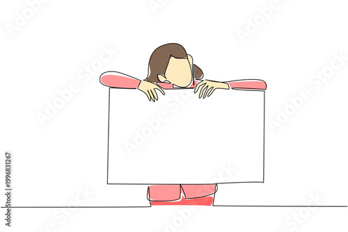 Single line drawing of businesswoman leaning on blank square board for an information concept. Design is perfectly tailored for help desk graphic, customer service banner, and FAQ section background