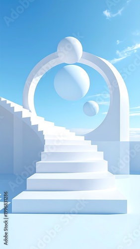 White surreal staircase leads to a sky portal with floating spheres