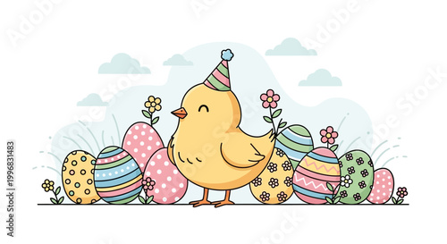 A cartoon chick wearing a party hat.