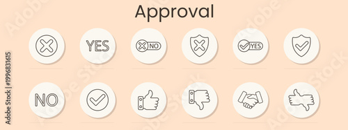 Approval set icon. Cross mark, yes text, no label, shield reject, shield approve, shield check, no word, confirm circle, thumb up, thumb down, handshake agreement, dislike gesture, validation decision