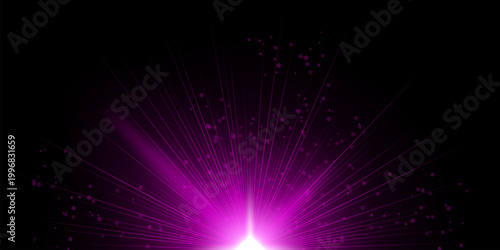 Abstract light burst White radiant center emitting numerous thin rays outward across black background, scattered circular particles, soft glow gradient, dramatic illumination, dynamic explosion effect