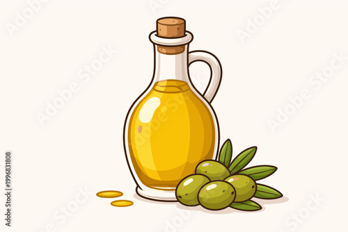 Vector illustration of a glass bottle filled with extra virgin olive oil, accompanied by fresh green olives and leaves. Simple flat sketch style for healthy cooking and Mediterranean diet.