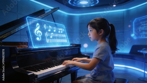 Melodic Future: A young child is immersed in a musical journey, playing a grand piano with a high-tech display of musical notation, her face showing concentration and passion for music.