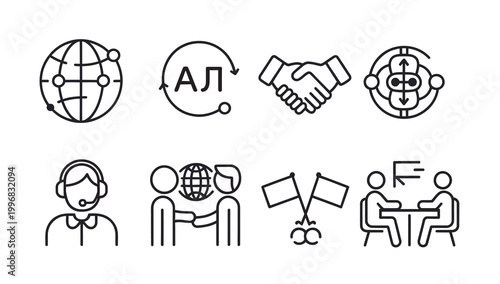 Global business communication and international cooperation line icon set for professional use