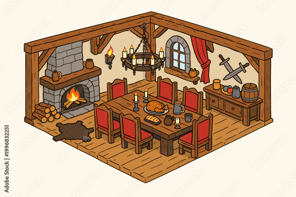 Naklejka premium Isometric Medieval Dining Room Interior with Wooden Beams, Stone Fireplace, Red Chairs, Large Table with Food, Chandelier, Crossed Swords, and Bear Rug, Hand Drawn Cartoon Vector Illustration