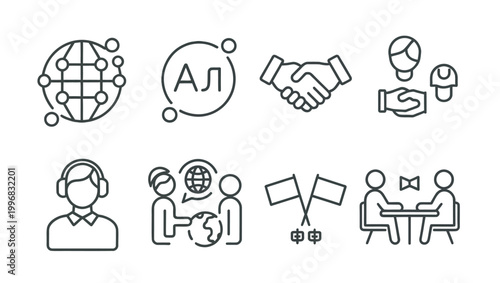Professional international business and global communication linear icon collection set
