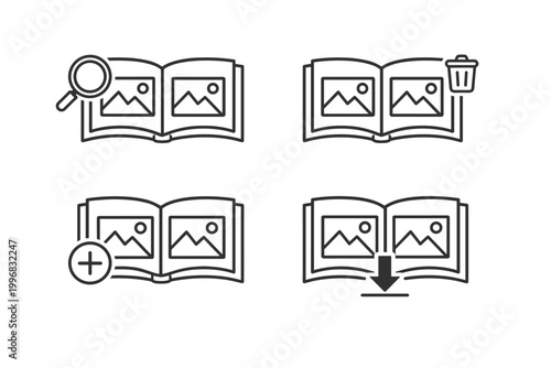 Photo Album Icon Set for Digital Image Management. Thin Line Vector Icons for Viewing, Deleting, Adding, and Downloading Pictures in a Gallery, Portfolio, or Photography App User Interface Design.
