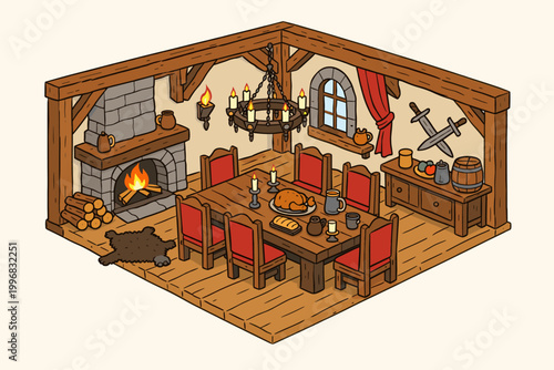 Isometric Medieval Dining Room Interior with Wooden Beams, Stone Fireplace, Red Chairs, Large Table with Food, Chandelier, Crossed Swords, and Bear Rug, Hand Drawn Cartoon Vector Illustration