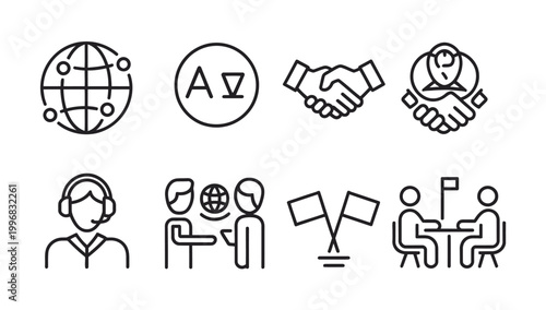 Global partnership and international business communication line icon set for web design