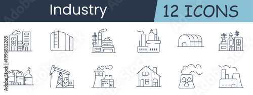 Industry set icon. Collection with power plant, storage tank, refinery, factory, hangar, industrial building, gas tanks, oil pumpjack, plant with smoke, house, radiation sign, manufacturing site.