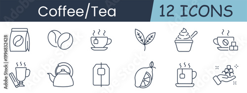 Coffee tea set icon. Collection with coffee bag, beans, cup with steam, tea leaves, dessert cup, mug with teabag, hot drink glass, kettle, teabag label, lemon slice, cup, hand sanitizer.