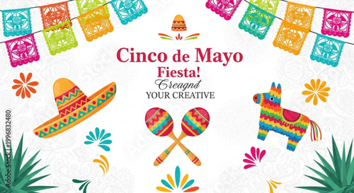 Cinco de Mayo fiesta celebration with sombrero maracas and piata colorful papel picado banners and festive decorations for holiday design