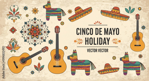 Cinco de Mayo holiday vector elements featuring guitars sombreros and pinatas perfect for festive invitations and decorations