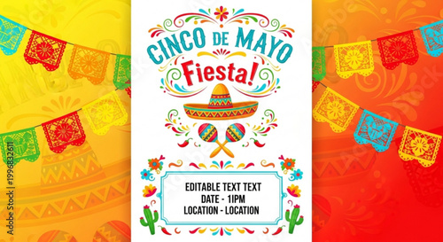 Cinco de Mayo Fiesta invitation template with colorful decorations sombrero maracas and editable text for party planning vibrant Mexican celebration design