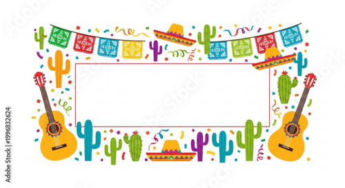 Fiesta frame with Mexican elements like guitars sombreros and papel picado perfect for Cinco de Mayo celebrations and invitations