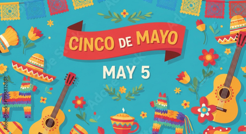 Cinco de Mayo celebration with festive decorations guitars and pinatas May 5th holiday graphic for invitations and social media