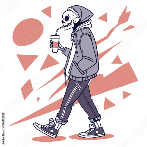 A skeleton wearing a hoodie and sneakers walks with a coffee cup in hand on a white background with pink geometric shapes