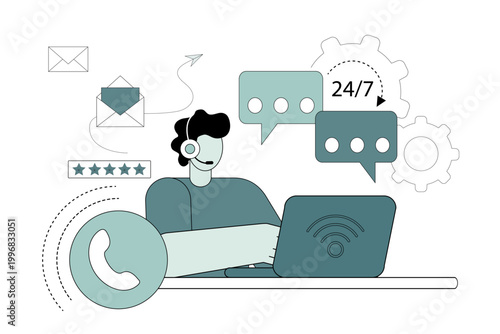 Operator works in a call center. Twenty-four hours a day support. Call center.eps